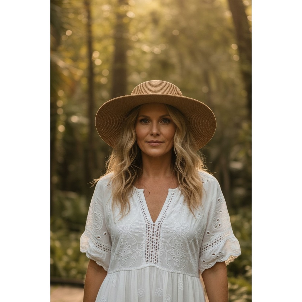 Trixie Hat Women Tan Paper Straw Wide Brim Boater Sun Hat with Braided Bead Trim